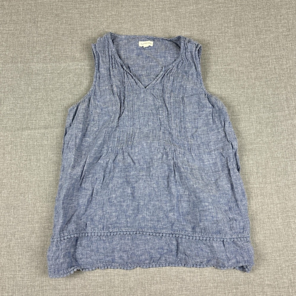 Garnet Hill Tank Tunic Womens 6 Blue V-Neck Sleeveless Linen Crochet Pleated‎